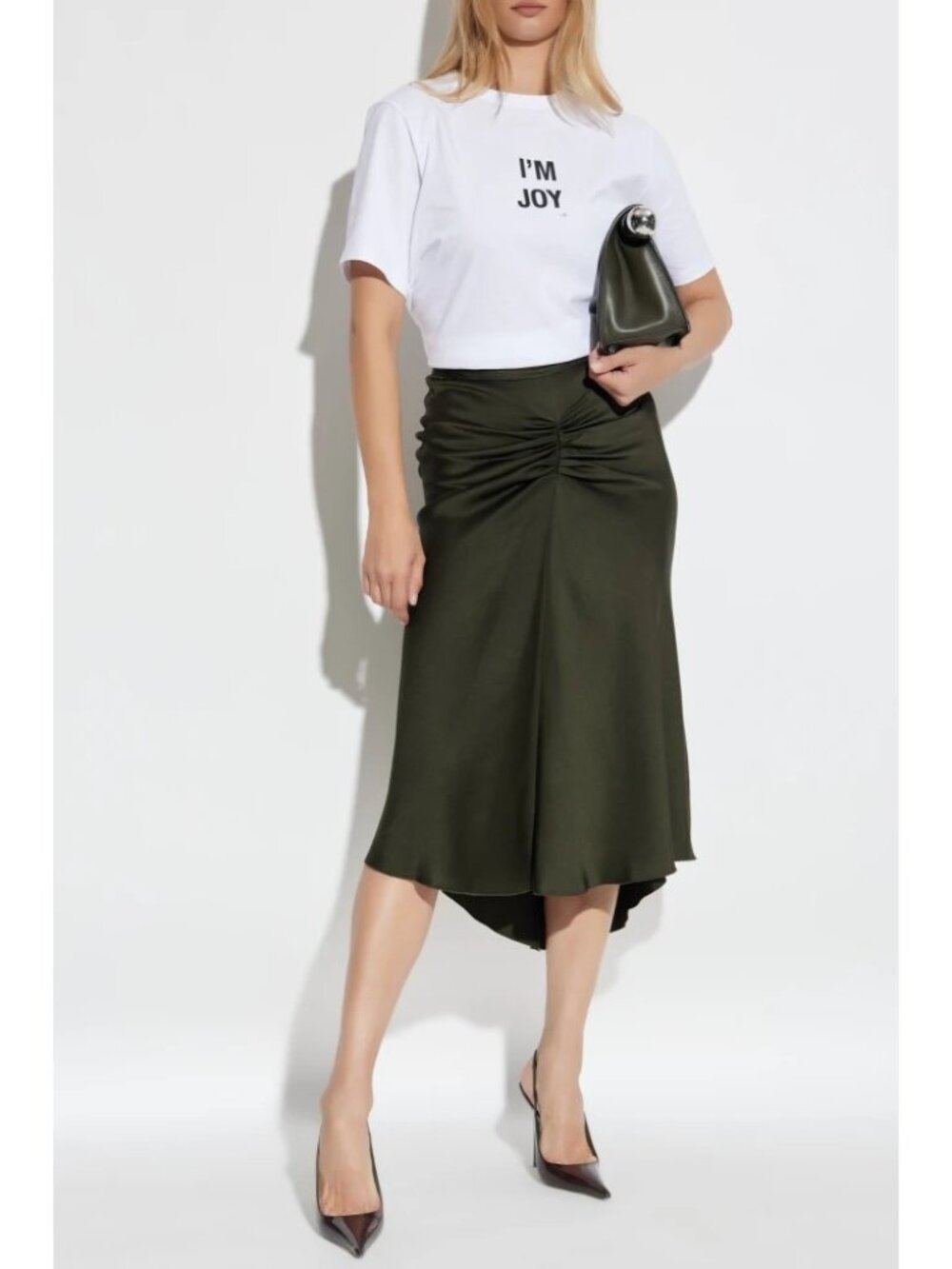 Victoria Beckham Gathered Waist Midi Skirt Dark Olive US 4 NWT